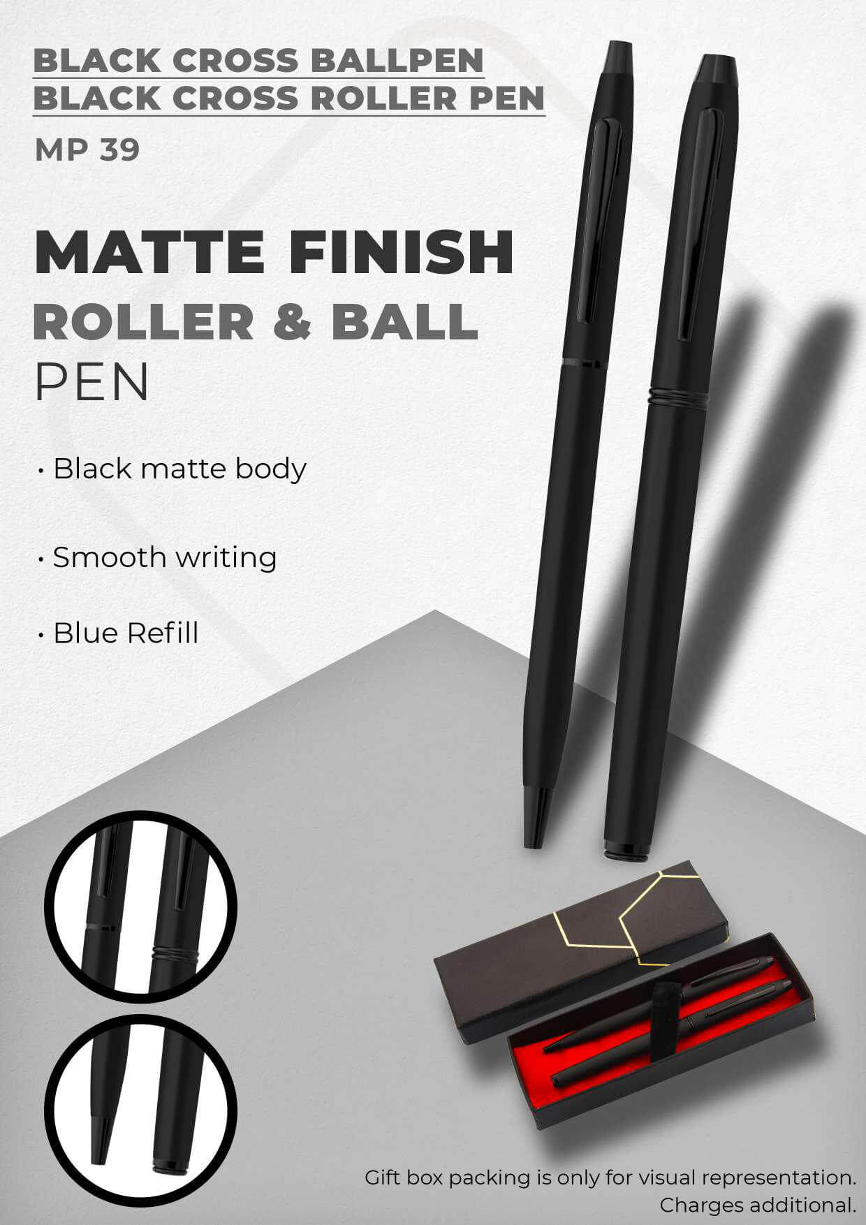 Matte Finish Black Cross Ball Pen & Black Cross Roller